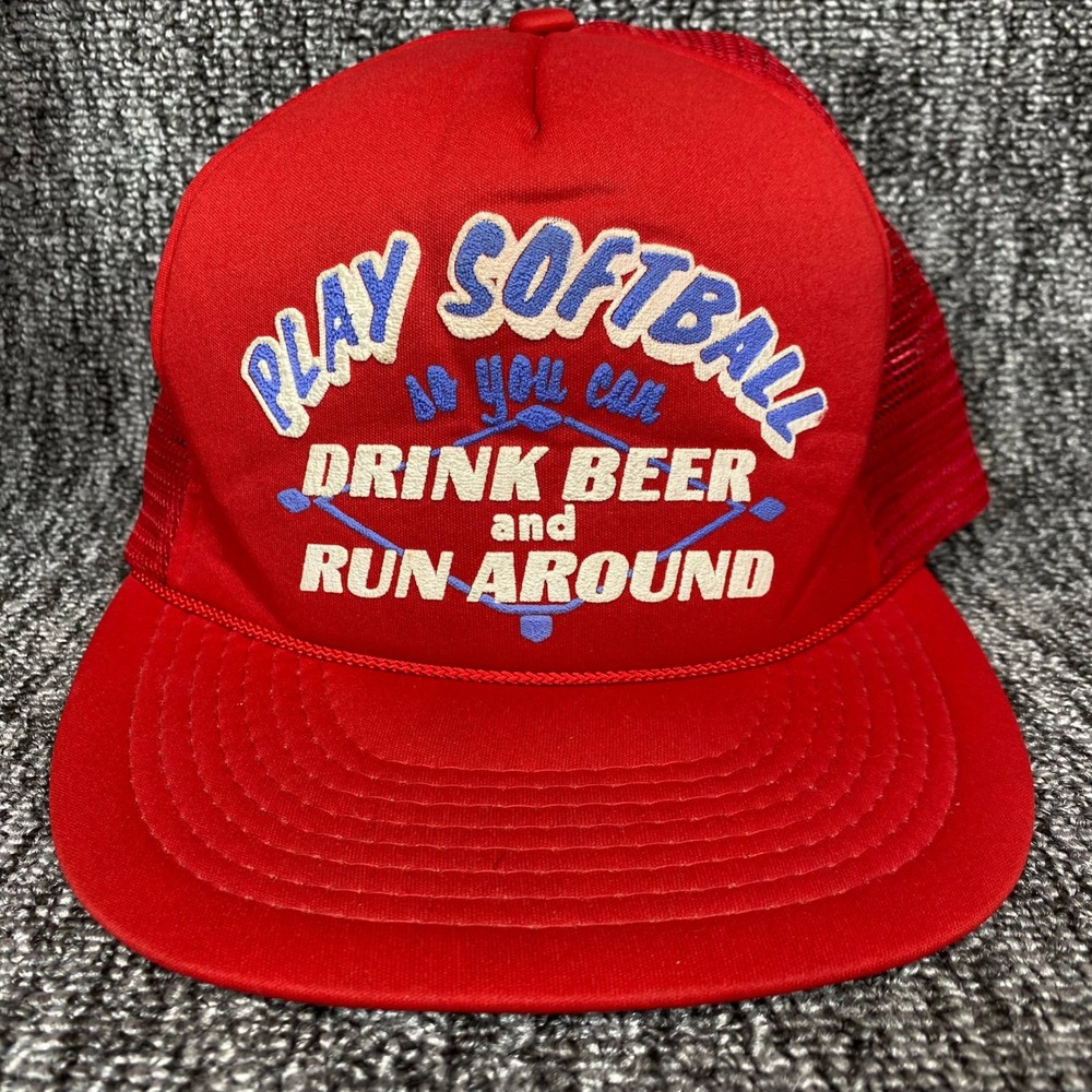 Unbranded Play Softball Drink Beer Run Around Men Red Mesh Snapback Trucker Hat